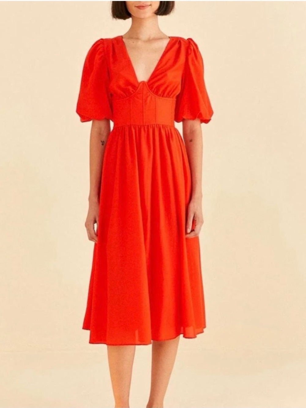 FARM Rio Scarlet V-Neck Puff Sleeve Midi Dress
